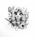 A dark and surreal scene with twisted and distorted figures tattoo design idea