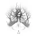 A dark and surreal scene with twisted and distorted figures tattoo design idea