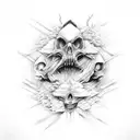 A dark and surreal scene with twisted and distorted figures tattoo design idea