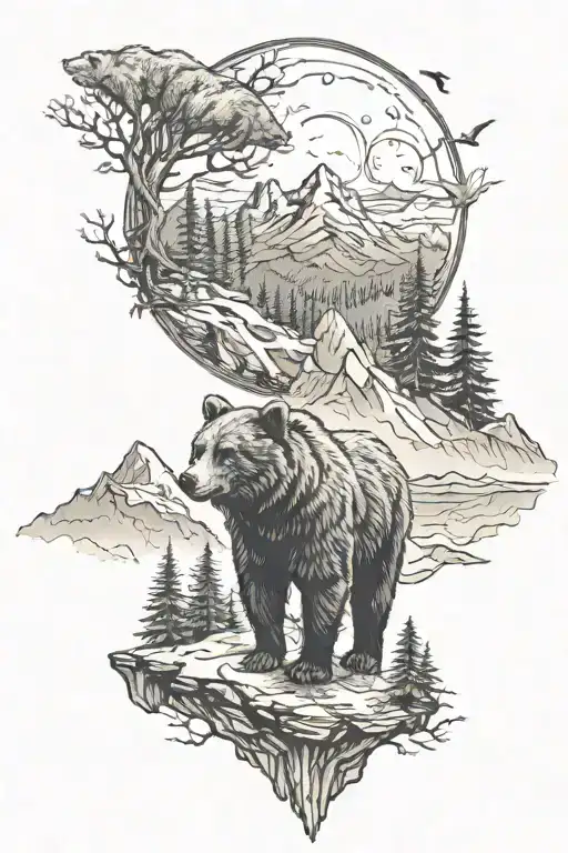 bear and wolf in the forest with mountains and the moon tattoo design idea