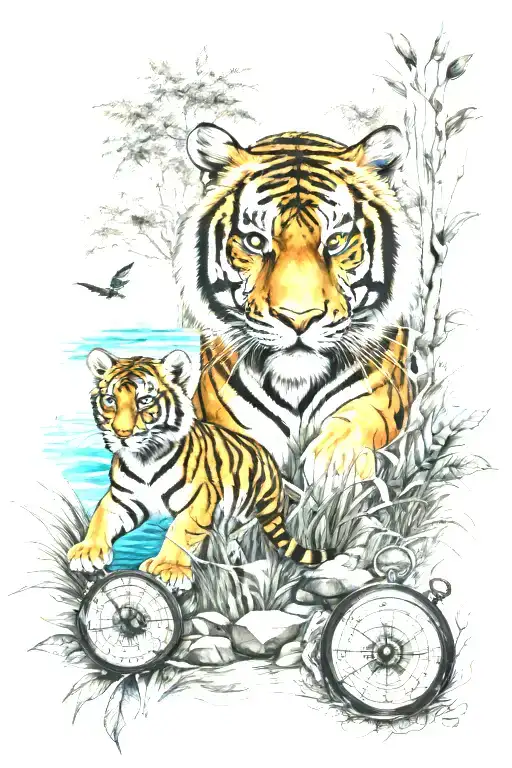 tiger cubs playing on grass with mama tiger river and trees a compass ocean  tattoo design idea