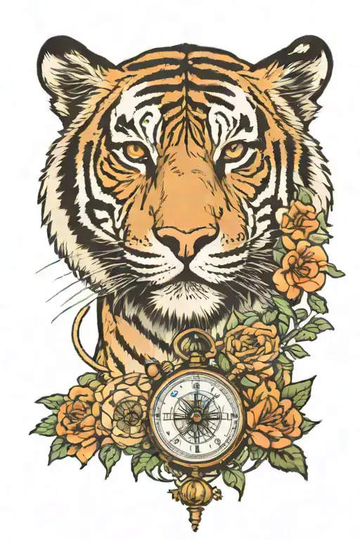 tiger cubs mama tiger protecting woods in background transitioning from a compass tattoo design idea