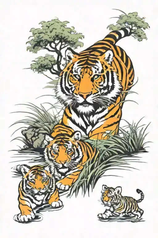 tiger cubs playing on grass with mama tiger walking up and river and trees trasnitioning from a compas and ocean  tattoo design idea