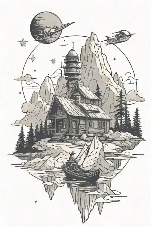 Cabin near water mountains stars and Star Wars ships  tattoo design idea