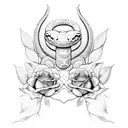 A snake weaving through a garden of roses and plants tattoo design idea