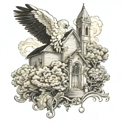 church with candle smoke transitioning into a swalows, with a siluete of a wpman carying a cabbage under the semicolon tattoo design idea