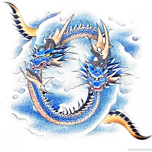 yakuza blue dragon and waves of ocean and ninja mask tattoo design idea