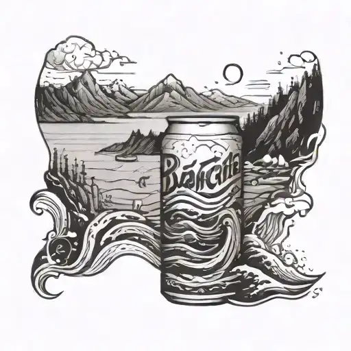 a soft drink can with the sea at the bottom and the mountains at the top as a label  tattoo design idea