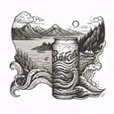 a soft drink can with the sea at the bottom and the mountains at the top as a label  tattoo design idea