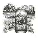a soft drink can with the sea at the bottom and the mountains at the top as a label  tattoo design idea