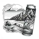 a soft drink can with the sea at the bottom and the mountains at the top as a label  tattoo design idea