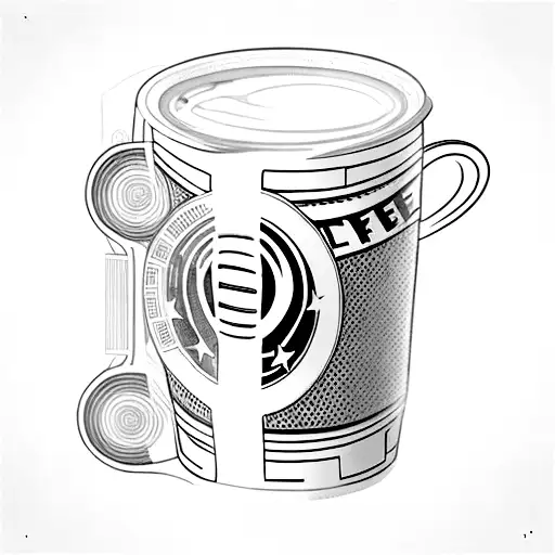 A coffee mug with a film strip wrapping around it, featuring iconic 80's and 90's movie scenes tattoo design idea