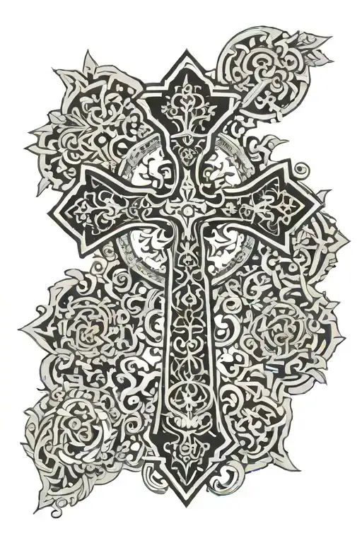orthodox cross, imbedded with religious Christian motives,  tattoo design idea