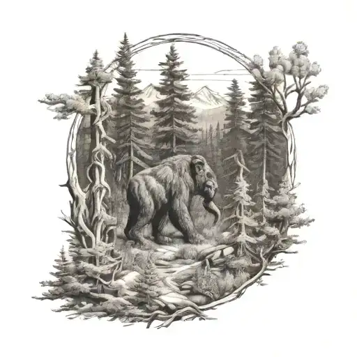 Black Hills forest scene with a hidden bigfoot tattoo design idea