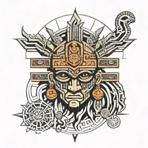 A blend of Aztec and Mayan symbols with modern technology motifs, representing the client's interest in both ancient civilizations and informatics tattoo design idea