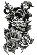 dragon, roses, and commando dagger tattoo design idea
