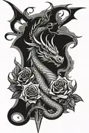 dragon, roses, and commando dagger tattoo design idea