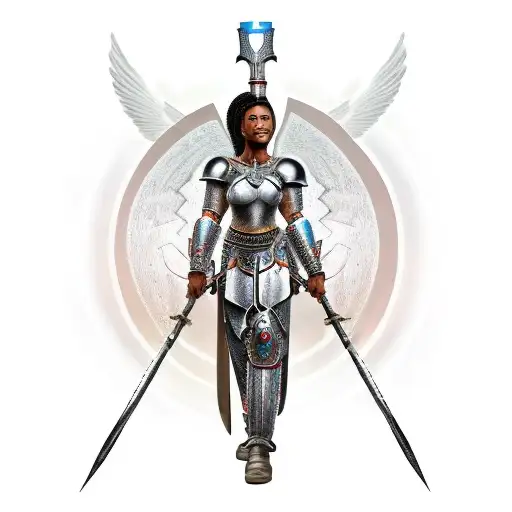 African American woman warrior face not in it with the armor of God on full body and angelic background to fill sleeve  tattoo design idea