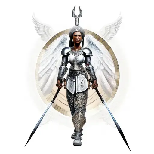 African American woman warrior face not in it with the armor of God on full body and angelic background to fill sleeve  tattoo design idea