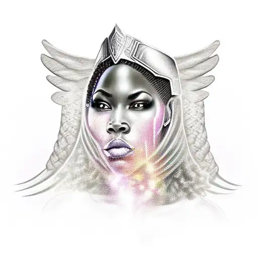 African American woman warrior face not in it with the armor of God on full body and angelic background to fill sleeve  tattoo design idea