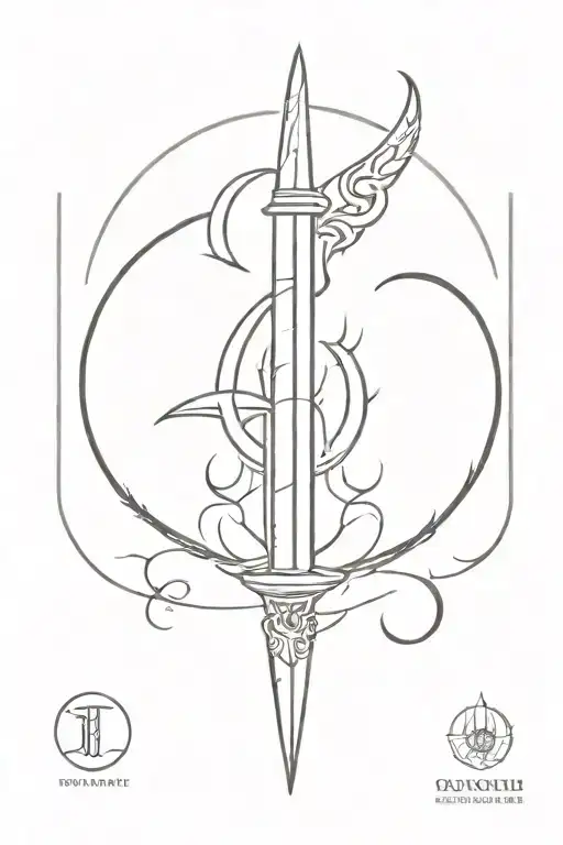 dagger with flames coming from the hilt piercing straight down the Triple moon phase symbol tattoo design idea