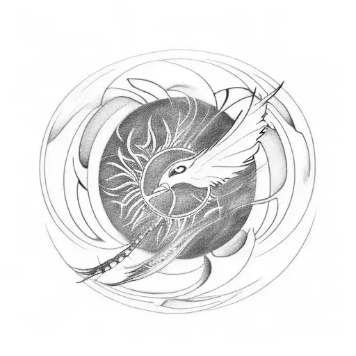 as a tattoo art, I want a circle made of a bird's feather that surrounds the planet Saturn.the phoenix that came to life tattoo design idea
