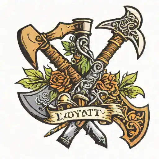 2 axes crossing over eachother with loyalty writing on the axe on top and royalty writing on the axe below tattoo design idea