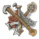 2 axes crossing over eachother with loyalty writing on the axe on top and royalty writing on the axe below tattoo design idea