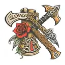 2 axes crossing over eachother with loyalty writing on the axe on top and royalty writing on the axe below tattoo design idea