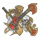 2 axes crossing over eachother with loyalty writing on the axe on top and royalty writing on the axe below tattoo design idea