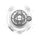 2 Circles and betwen  with basketball, gold coin, jing-jang and eart tattoo design idea