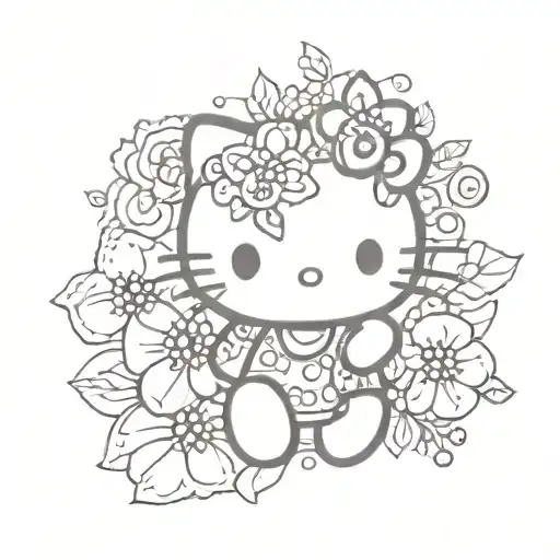 A sketch-style tattoo of hello kitty with a background of colorful ladybugs tattoo design idea