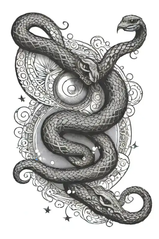 The snake crawls down, circling the sun with an eye and the moon. There are small stars and clouds. tattoo design idea