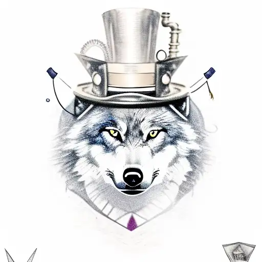 A wolf wearing a steampunk top hat and monocle tattoo design idea
