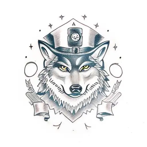 A traditional wolf wearing a steampunk top hat and monocle tattoo design idea