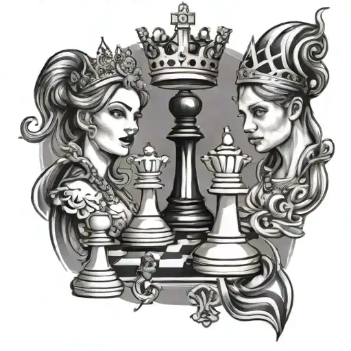 chess games a king and queen and 2 pawns surrounded tattoo design idea