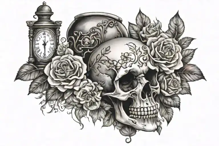 skull and hour glass floral background  tattoo design idea