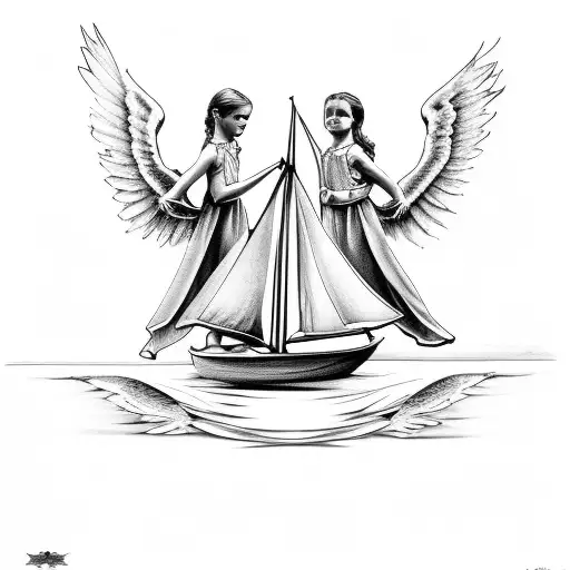 sailboat and two siblings angels tattoo design idea