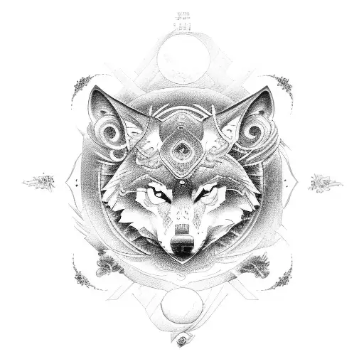 ship with wolf yin and yang style tattoo design idea