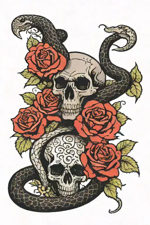 black mamba snake with skulls and roses tattoo design idea