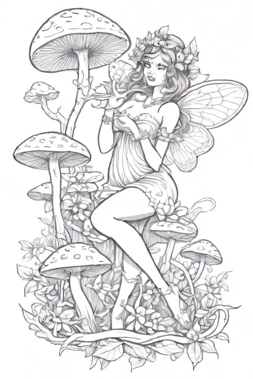 curvy fairy with mushroom surrounded tattoo design idea