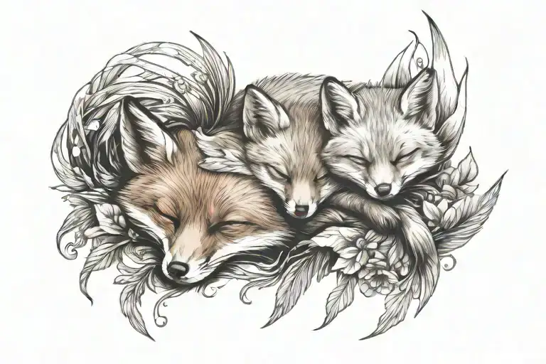 baby fox sleeping with mother fox surrounded tattoo design idea