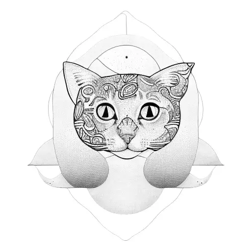 A blackwork tattoo of a cat evolving into a beach scene tattoo design idea