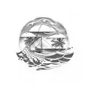 A blackwork tatoo evolving into a beach scene tattoo design idea