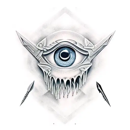 demon's eye, geometry, traces of blood, tongue, crossed swords tattoo design idea