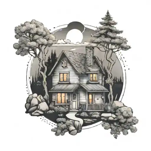 A cozy home nestled in a serene landscape with subtle rock and roll elements tattoo design idea
