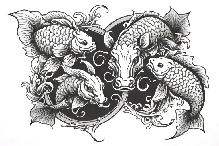 2 aries face to face and 2 koi fishies forming a circle between aries tattoo design idea