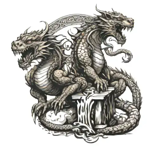 Brown wood dragon and brown earth dragon sitting on a scale while the tiger is clawing the scale tattoo design idea