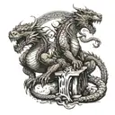 Brown wood dragon and brown earth dragon sitting on a scale while the tiger is clawing the scale tattoo design idea