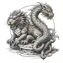 Brown wood dragon and brown earth dragon sitting on a scale while the tiger is clawing the scale tattoo design idea